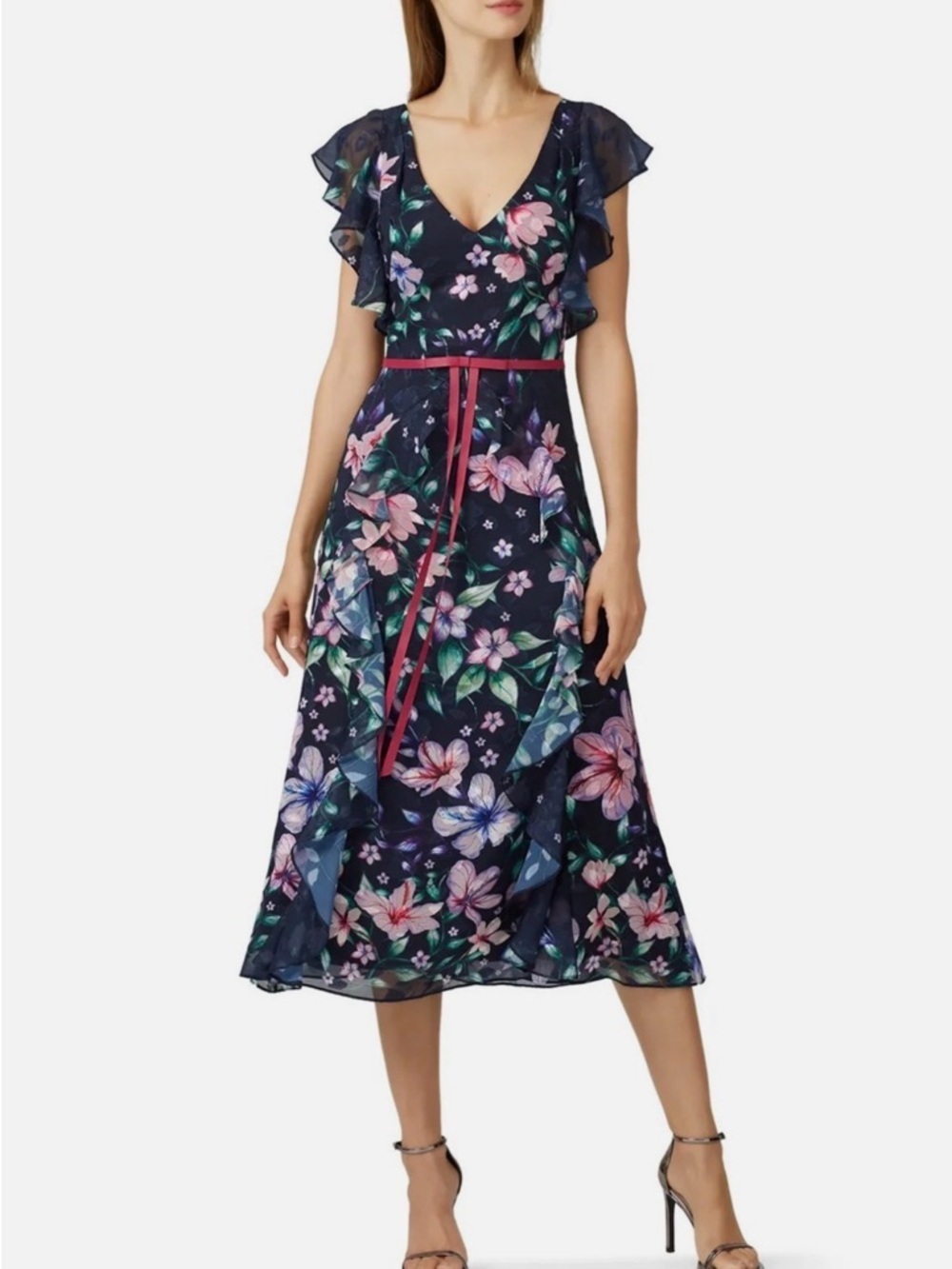 Marchesa Notte Blue Floral Chiffon Midi Gown Size 4 Flutter Sleeve Formal $695